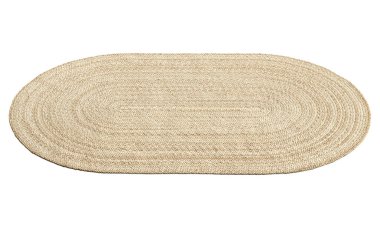 Natural braided oval beige jute carpet on white background. Rustic, Farmhouse, Ethnic, Chalet, Scandinavian interior. 3d render clipart