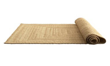 Beyaz arka planda doğal örülmüş dikdörtgen bej renkli halı. Rustic, Farmhouse, Etnik, Chalet, İskandinav iç mimarisi. 3d hazırlayıcı