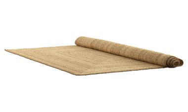 Beyaz arka planda doğal örülmüş dikdörtgen bej renkli halı. Rustic, Farmhouse, Etnik, Chalet, İskandinav iç mimarisi. 3d hazırlayıcı