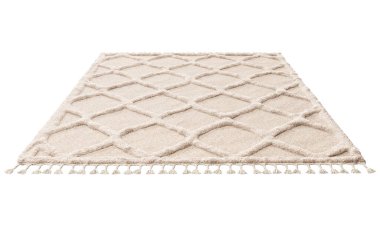 Uzun öbekli ve örgülü modern halı. Beyaz arka planda geometrik desenli kilim. Modern, Rustik, Farmhouse, Etnik, Chalet, İskandinav iç mimarisi. 3d hazırlayıcı