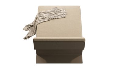 Modern modüler kumaş şezlongu. Bej renkli tekstil döşeme, sırt üstü dinlenme ve beyaz arka plana ekose döşeme. Modern, Chalet, İskandinav iç mimarisi. 3d hazırlayıcı