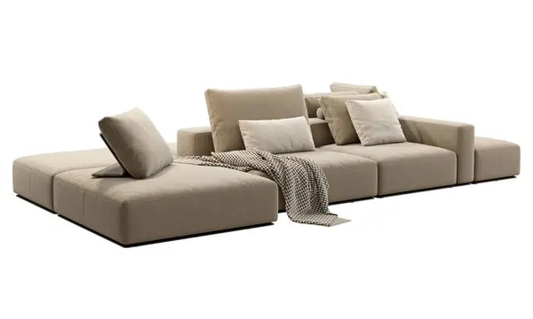Modern modular fabric sofa. Beige textile upholstery sofa with pillows and plaid on white background. Modern, Chalet, Scandinavian interior. 3d render