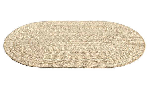Natural braided oval beige jute carpet on white background. Rustic, Farmhouse, Ethnic, Chalet, Scandinavian interior. 3d render