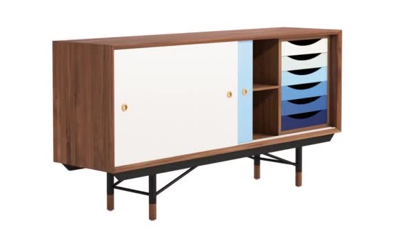 带有可缩放架的餐具柜的圆形动画 木箱抽屉 腿上有五颜六色的门打开位置 白色背景的仪表板3D渲染 — 图库视频影像