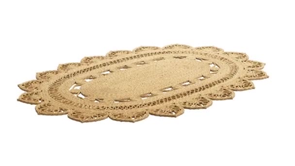 Circular Animation Natural Braided Oval Beige Jute Carpet Floral Pattern — Stock Video
