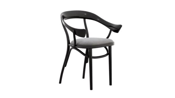 黑色漆漆蒸汽弯曲木椅的圆形动画 木制实心山毛榉椅 靠背和扶手白色背景 世纪中叶 斯堪的纳维亚 阁楼内部 3D渲染 — 图库视频影像