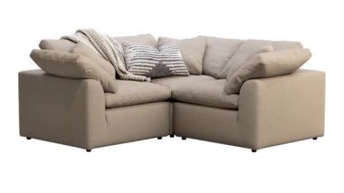 Modern köşe modüler kumaş kanepenin dairesel animasyonu. Yastıklı bej tekstil döşeme kanepesi ve beyaz arka planda örülmüş ekose. Yüzyılın ortalarında, Chalet, İskandinav iç mimarisi. 3d hazırlayıcı