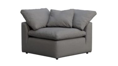 Gri kumaş döşeme modülünün dairesel animasyonu. Beyaz arka planda yastıkları olan modern bir sandalye. Yüzyılın ortalarında, çatı katı, Chalet, İskandinav iç mimarisi. 3d hazırlayıcı