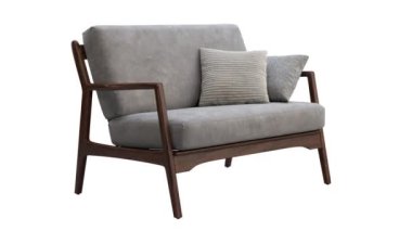 Yüzyıl ortası kumaş döşemesinin dairesel animasyonu. Beyaz arka planda keskin yastıklı ahşap taban kanepe. Yüzyılın ortalarında, modern, İskandinav, tavan arası. 3d hazırlayıcı