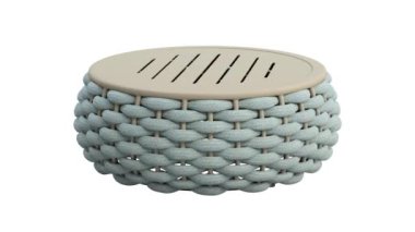 Beyaz arka planda yastıklı ve depolama alanı olan modern metal çerçeve sehpanın dairesel animasyonu. Örgülü taban. Yüzyılın ortalarında, Chalet, İskandinav iç mimarisi. 3d hazırlayıcı