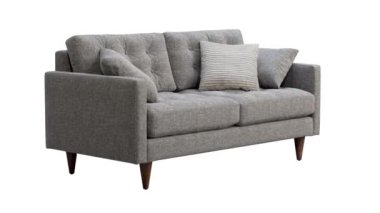 Yüzyıl ortası gri kumaş kanepenin dairesel animasyonu. Beyaz arka planda yastıkları olan tekstil döşeme kanepesi. Modern, Loft, İskandinav iç mimarisi. 3d hazırlayıcı
