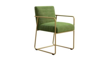 Modern tekstil sandalyesinin dairesel animasyonu. Beyaz arka planda metal tabanlı yeşil kadife döşeme. Yüzyılın ortalarında, çatı katı, Chalet, İskandinav iç mimarisi. 3d hazırlayıcı