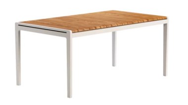 Modern stil açık hava masasının dairesel animasyonu beyaz arka planda yamuk bir meşe ağacından yapılmış. Ahşap tezgahlı beyaz metal yemek masası. Modern, Loft, İskandinav iç mimarisi. 3d hazırlayıcı