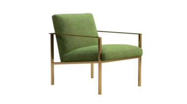 Modern tekstil koltuğunun dairesel animasyonu. Beyaz zemin üzerinde altın metal tabanlı yeşil kadife döşeme koltuğu. Yüzyılın ortalarında, çatı katı, Chalet, İskandinav iç mimarisi. 3d hazırlayıcı
