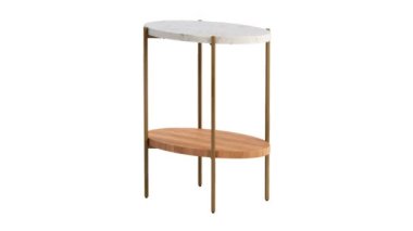 Modern stil sehpanın dairesel animasyonu pirinç metal tabanlı, mermer kaplama ve beyaz arka planda ahşap raflı. Oval kahve masası. Modern, Loft, İskandinav iç mimarisi. 3d hazırlayıcı