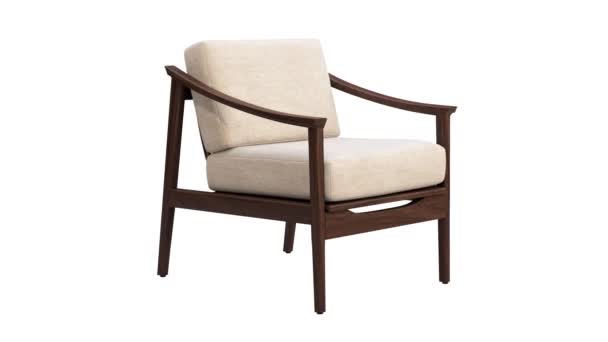 世纪中叶面料室内装饰椅的圆形动画 白色背景的木制底座靠垫椅 世纪中叶 斯堪的纳维亚 阁楼内部 3D渲染 — 图库视频影像