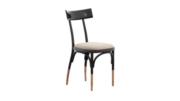 黑色漆漆蒸汽弯曲木椅的圆形动画 木制实心山毛榉椅 靠背柔软 白色底座 世纪中叶 斯堪的纳维亚 阁楼内部 3D渲染 — 图库视频影像