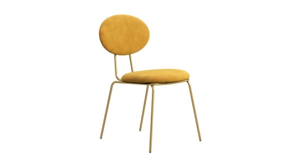 現代のテキスタイルチェアの円形アニメーション 黄色いベルベットは白い背景に金属の基盤が付いている装飾的な椅子を支持します ロフト シャレー スカンジナビアのインテリア 3Dレンダリング — ストック動画
