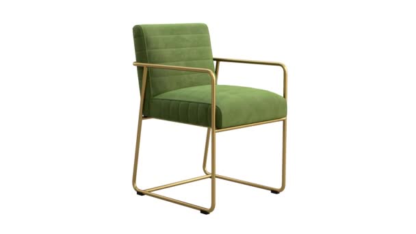 现代纺织品椅子的圆形动画 绿色天鹅绒内饰椅子 有弯曲的金属底座 白色背景 世纪中叶 查莱特 斯堪的纳维亚内陆 3D渲染 — 图库视频影像