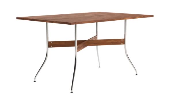 中世の長方形のダイニングテーブルの円形アニメーション 白い背景に長方形の木製のタブレットおよびクロムの足が付いている最小限のダイニング テーブル 3Dレンダリング — ストック動画