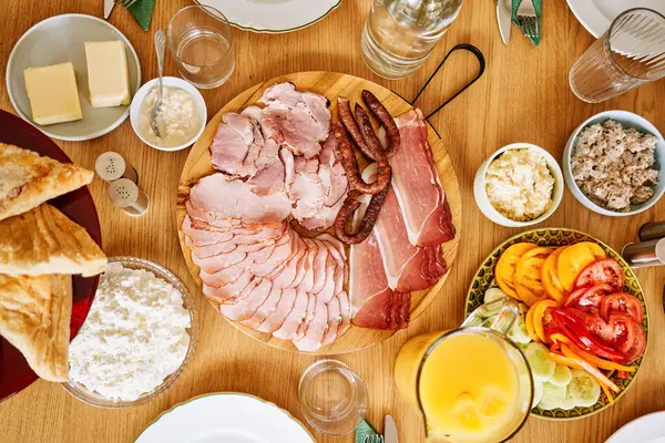 Top View Continental Breakfast Wooden Table — Stock Photo, Image