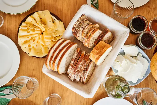 Close Polish Breakfast Table Cheese Bread Crud Jam — Stock Photo, Image