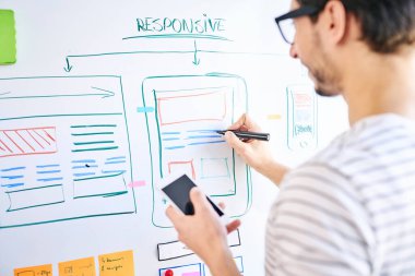 Genç web geliştiricisi beyaz gözlük üzerine web sitesi çizimi