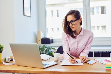 Ofiste evrakları ve laptopuyla çalışan meşgul genç bir kadın.