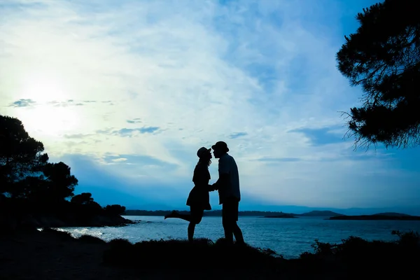 Happy Couple Sea Nature Travel Silhouette — Stock Photo, Image