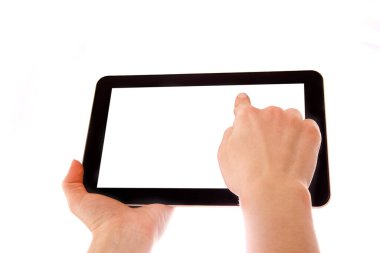 İnsan eliyle yapılan tablet bilgisayar dokunmatik ekran cihazıyla izole edilmiş.