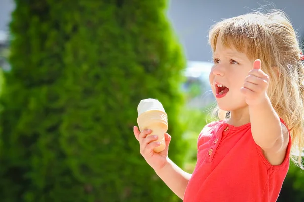 Happy child eating ice cream on the nature of the park