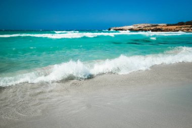 Arka planda dalgalar olan güzel bir sahil.