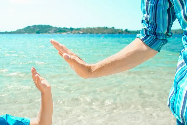 旅の背景にある海の幸に恵まれた親子の手 — ストック写真