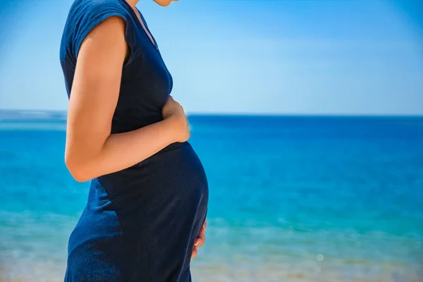 Schöne Schwangere Mädchen Auf Dem Meer Hintergrund — Stockfoto