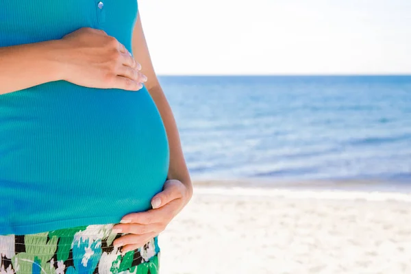 自然の夏に海で幸せな美しい妊娠中の女性 — ストック写真