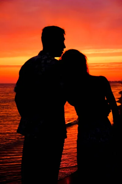 Silhuett Ett Lyckligt Par Vid Soluppgången Sommaren Natur — Stockfoto