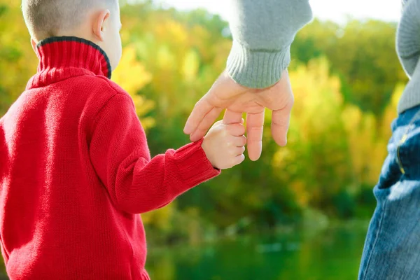 Pai Segura Mão Uma Criança Pequena — Fotografia de Stock