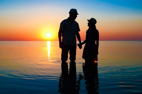 自然の中で旅行のシルエットで日没で海によって幸せなカップル — ストック写真