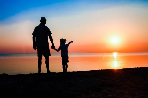 Gelukkige Ouder Met Kind Aan Zee Spelen Natuur Silhouet Reizen — Stockfoto
