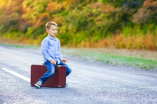 Boldog Gyermek Egy Bőrönddel Úton Parkban Utazás — Stock Fotó