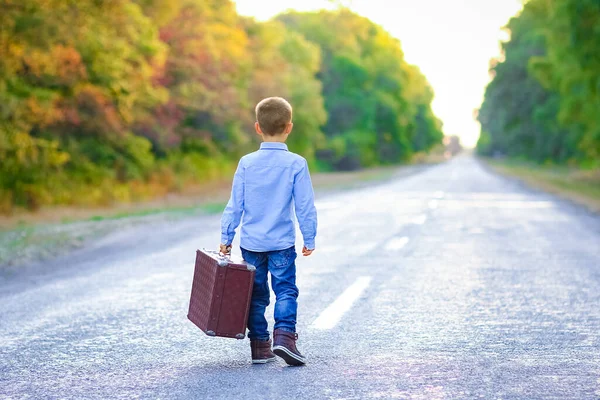 Gelukkig Kind Met Een Koffer Weg Het Park Reizen — Stockfoto