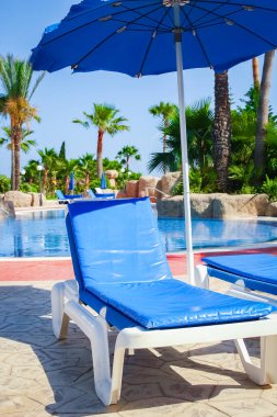 Deniz zeminine yakın havuz kenarında güneşli yataklar.