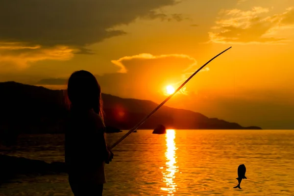 Happy Child Fishing Sea Silhouette — Stock Photo, Image