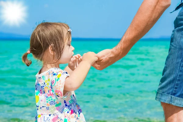 Mutlu Ebeveyn Çocuğun Elleri Deniz Yunan Arka Planında — Stok fotoğraf