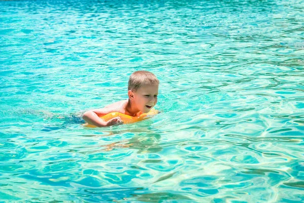 Happy Child Swims Shore Flippers Sea Travel — Stock Photo, Image