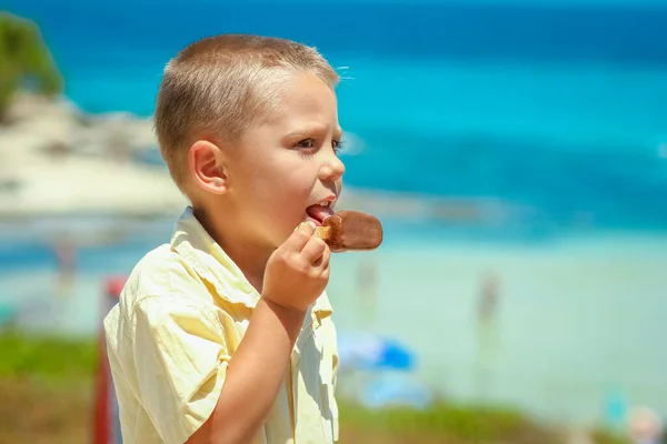公園の旅で自然の中で海によってアイスクリームと幸せな子供の男の子 — ストック写真