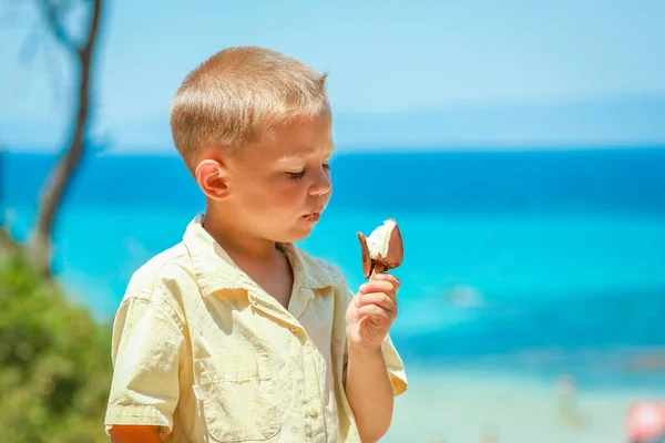 Ευτυχισμένο Παιδί Αγόρι Παγωτό Δίπλα Στη Θάλασσα Στη Φύση Στο — Φωτογραφία Αρχείου