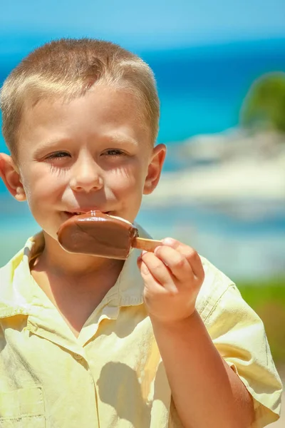Šťastný Chlapeček Zmrzlinou Moře Přírodě Parku — Stock fotografie