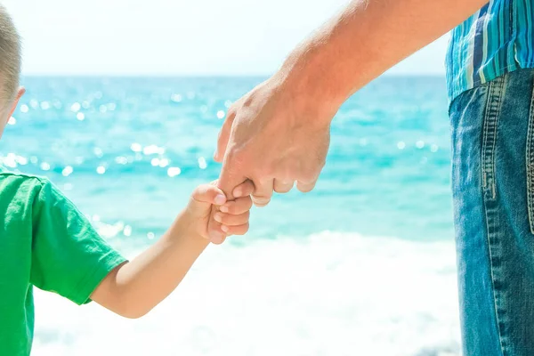 Mutlu Bir Ebeveynin Elleri Deniz Kıyısındaki Çocuk Doğa Yolculuğunda — Stok fotoğraf