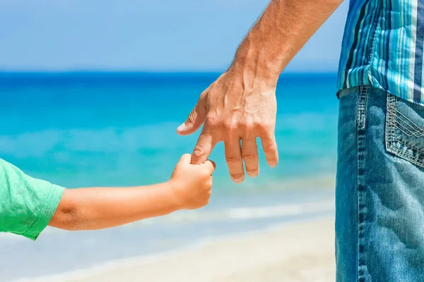 自然の旅で海岸沿いの幸せな親と子供の手 — ストック写真
